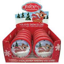 Rudolph the Red Nosed Reindeer Snow Globe Tin Candy Cane Treats